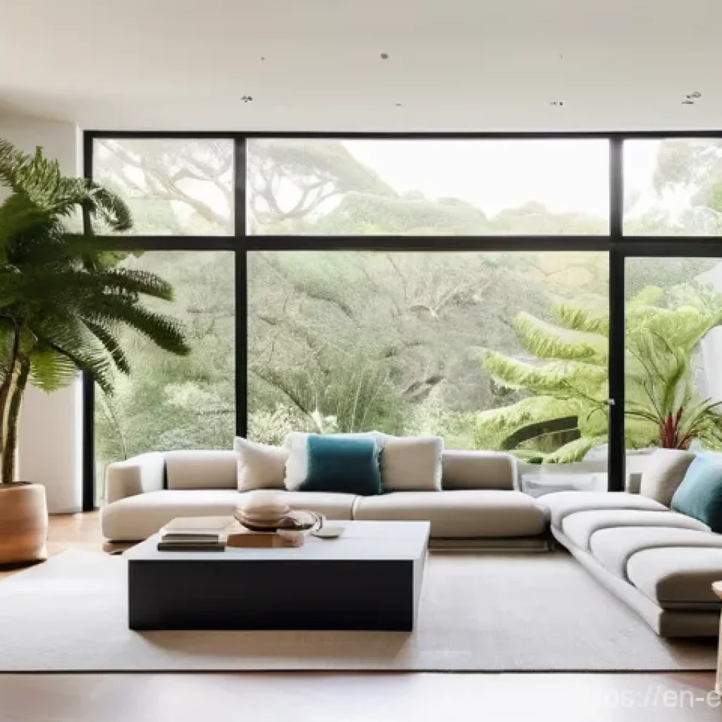 친환경 설계 프로젝트 사례 - **Prompt:** A serene and brightly lit living room designed with biophilic principles. Large windows ...