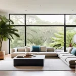 친환경 설계 프로젝트 사례 - **Prompt:** A serene and brightly lit living room designed with biophilic principles. Large windows ...