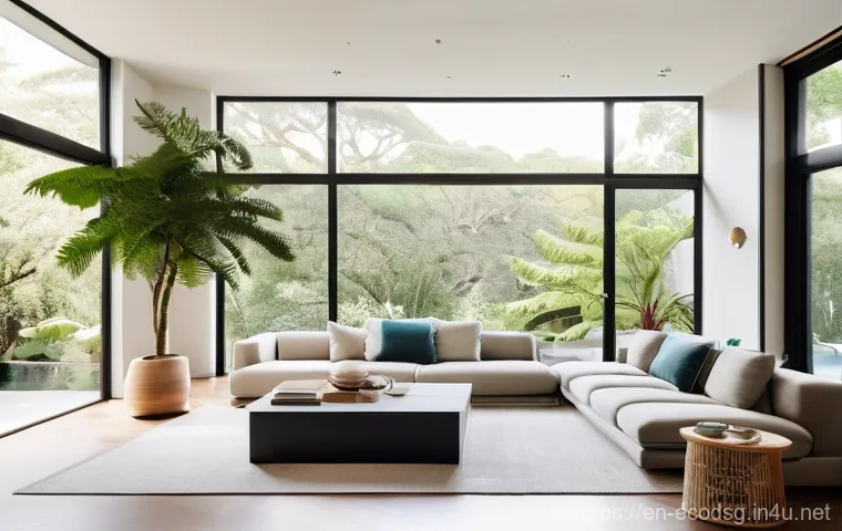 친환경 설계 프로젝트 사례 - **Prompt:** A serene and brightly lit living room designed with biophilic principles. Large windows ...