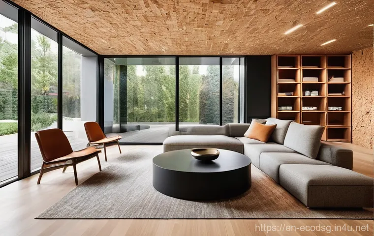 친환경 설계 프로젝트 사례 - **Prompt:** A serene and brightly lit living room designed with biophilic principles. Large windows ...