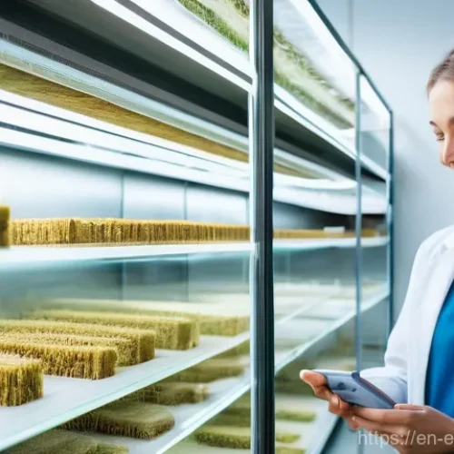 친환경 제품 소재 연구 - **Prompt:** "A clean, bright, modern laboratory with a focus on sustainable innovation. A friendly, ...