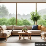 에코디자인과 전환경제 - A sleek, modern living room scene showcasing sustainable furniture made from bamboo and cork materia...