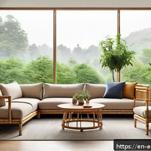 에코디자인과 전환경제 - A sleek, modern living room scene showcasing sustainable furniture made from bamboo and cork materia...