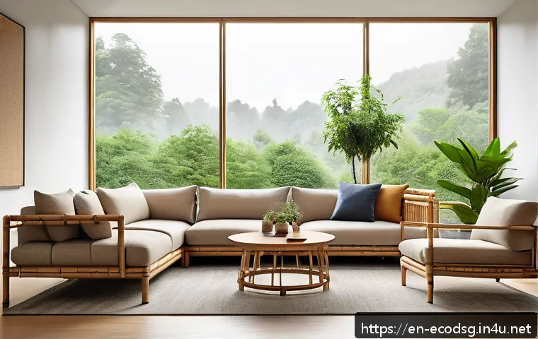 에코디자인과 전환경제 - A sleek, modern living room scene showcasing sustainable furniture made from bamboo and cork materia...
