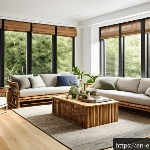 환경 친화적 디자인 법칙 - A modern living room interior showcasing sustainable design elements: bamboo flooring with a warm, n...