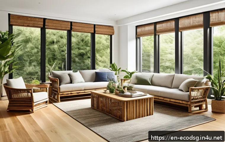 환경 친화적 디자인 법칙 - A modern living room interior showcasing sustainable design elements: bamboo flooring with a warm, n...