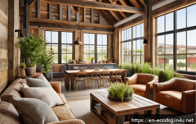 에코디자인 실무 경험담 - A cozy community interior space featuring reclaimed wood elements sourced from an old barn, showcasi...