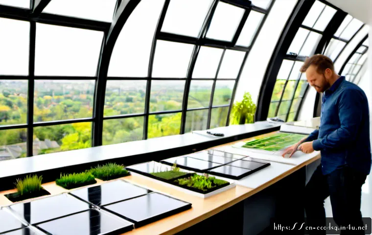 친환경 설계 관련 직무 소개 - Photorealistic sustainable building design team in a bright modern architecture studio, diverse envi...